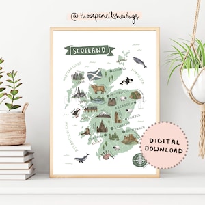 Schottland Karte Print | Illustrierte schottische druckbare Kunst | Niedliche Landschaften & Tiere | Reise Karte Poster | DIGITALER DOWNLOAD