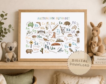 Lámina con el alfabeto australiano: Decoración infantil con lugares emblemáticos de Australia (Descarga digital)
