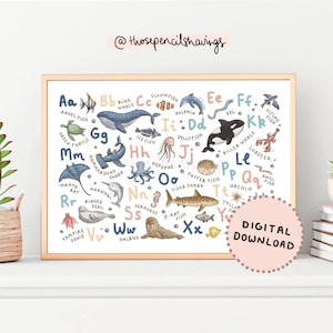 Lámina con el alfabeto de animales del océano / Póster con el alfabeto de la vida marina / Lámina infantil con animales marinos de la A a la Z / Decoración náutica para habitación infantil / DESCARGA DIGITAL