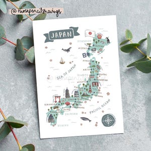 Japan Karte Postkarte | Illustrierte Japanische Reisekunst | Niedliche Wahrzeichen & Icons | Fernweh Geschenk oder Souvenir