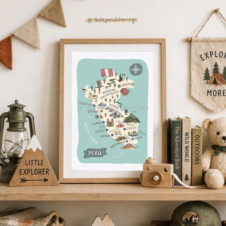 Peru Map Print: Illustrated Travel Souvenir, Landmarks & Animals - Etsy