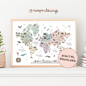 Weltkarte Print | Illustrierte Weltkarte druckbare Kunst fürs Kinderzimmer | Lernposter mit Globus | Reise Karte Poster | DIGITALER DOWNLOAD