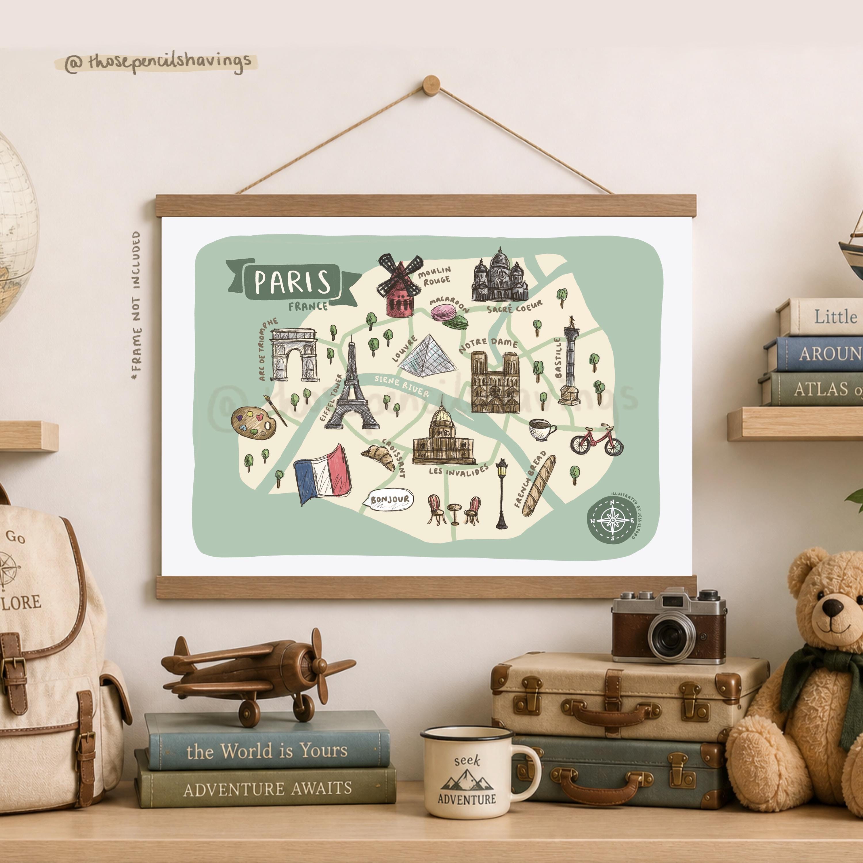 パリ地図プリント：イラスト入りフランス旅行記念品 - Etsy 日本
