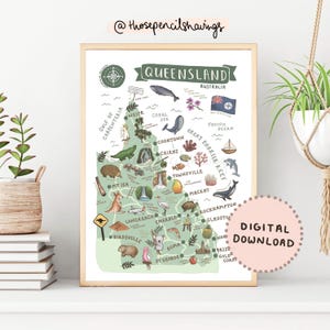 Queensland Karte Drucken | Illustrierte QLD druckbare Kunst | Niedliche Aussie Wahrzeichen & Tiere | Australien Reise Karte Poster | DIGITALER DOWNLOAD