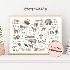 Impresión del alfabeto de animales de safari / Lindo póster del alfabeto / Arte de pared para guardería con animales africanos de la A a la Z / Decoración de habitación infantil de Savannah / DESCARGA DIGITAL