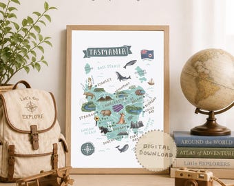 Tasmania Map Print: Illustrated Australian Landmarks & Animals (Digital Download)
