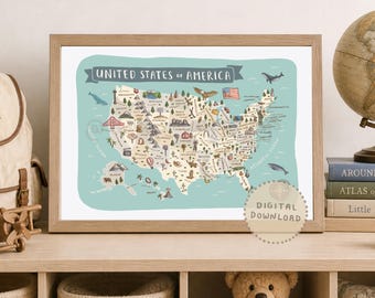 USA Map Print: Illustrated Landmarks & Animals (Digital Download)