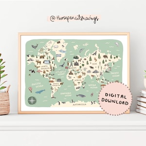 Impresión de mapa del mundo / Mapa ilustrado del mundo imprimible para pared de guardería / Póster educativo de globo terráqueo / Póster de mapa de viaje / DESCARGA DIGITAL