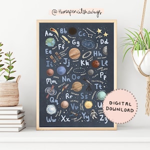 Space Alphabet Print | Cute ABC Poster | A-Z Galaxy Nursery | Kids Room Decor | Baby Shower | Science Classroom Poster | Digital Download