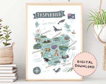 Tasmania Map Print: Illustrated Australian Landmarks & Animals (Digital Download)