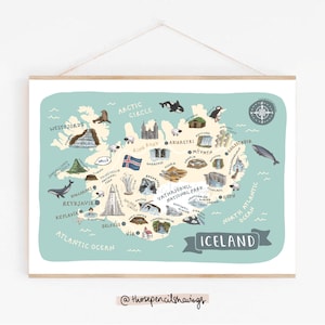 Island Karte Poster | Illustrierte Nordische Reise Poster | Niedliche isländische Wahrzeichen und Tiere | Fernweh Geschenk oder Souvenir