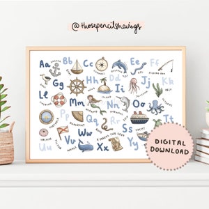 Nautical Alphabet Print | Cute Ocean ABC Poster | A-Z Marine Life Nursery Print | Sea Life Kids Room Decor | DIGITAL DOWNLOAD