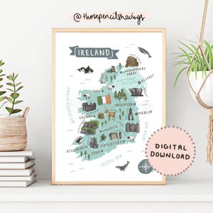 Irland Karte Print | Illustrierte irische Wandkunst | Niedliche Landschaften & Tiere | Reise Karte Poster | DIGITALER DOWNLOAD
