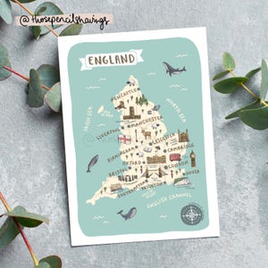 Postal con mapa de Inglaterra / Impresión ilustrada de viaje por el Reino Unido / Bonitos monumentos e iconos ingleses / Recuerdo de Inglaterra o regalo para viajeros