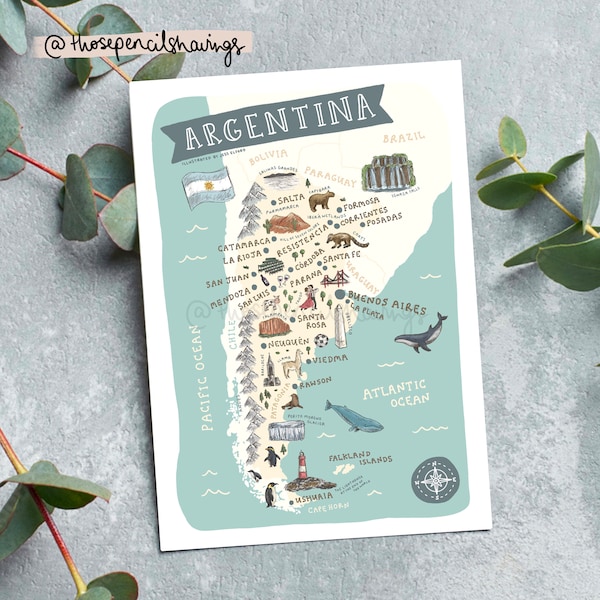 Map of Argentina Postcard | Cute Illustrated South America Map Mini Print | Argentinian Landmarks and Animals | Travel Postcard