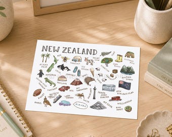 New Zealand Landmarks Postcard: Illustrated Travel Souvenir