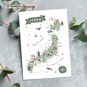Japan Karte Postkarte | Illustrierte Japanische Reisekunst | Niedliche Wahrzeichen & Icons | Fernweh Geschenk oder Souvenir