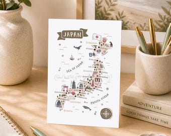 Japan Postcard, Hand Drawn Travel Map Card, Illustrated Mini Print