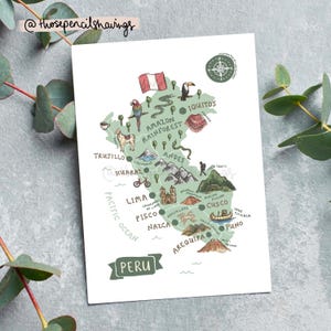 Peru Map Postcard | Illustrated South America Travel Print | Cute Peruvian Landmarks & Animals | Wanderlust Gift or Souvenir