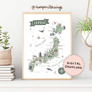 Japan Karte Drucken | Illustrierte japanische druckbare Kunst | Niedliche Landschaften & Tiere | Travel Map Klassenzimmer Poster | DIGITALER DOWNLOAD