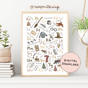 Impresión del alfabeto del mago / Póster mágico ilustrado de la A a la Z / Decoración infantil mágica con el alfabeto / Regalo para baby shower / DESCARGA DIGITAL