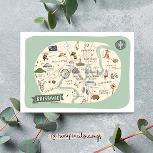 Cartão postal com mapa de Brisbane | Impressão ilustrada de cidade australiana | Pontos turísticos fofos e ícones australianos | Presente ou lembrança de viagem para Brisbane