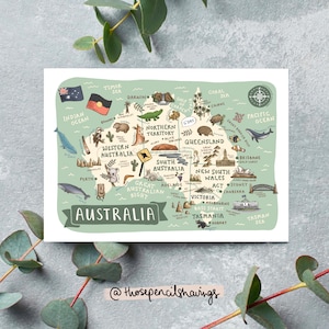 Australia Map Postcard | Illustrated Travel Print | Cute Aussie Landmarks & Animals | Wanderlust Gift or Souvenir