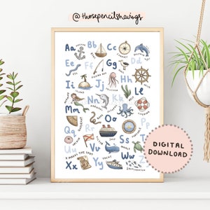 Nautisches Alphabet Druck | Niedliches Ozean ABC Poster | A-Z Marine Leben Poster Druck | Leben im Meer Kinderzimmer Dekor | DIGITALER DOWNLOAD