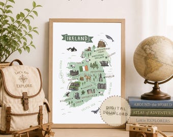 Ireland Map Print: Illustrated Irish Landmarks & Animals (Digital Download)