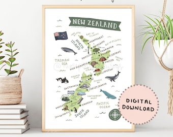 Map of New Zealand | Cute Illustrated NZ Map | Landmarks Print | New Zealand Nursery | Travel Map Poster | Digital Download