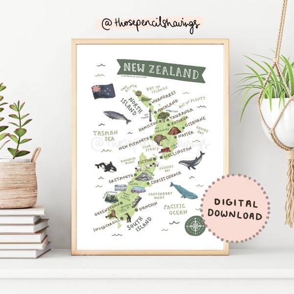 Map of New Zealand | Cute Illustrated NZ Map | Landmarks Print | New Zealand Nursery | Travel Map Poster | Digital Download