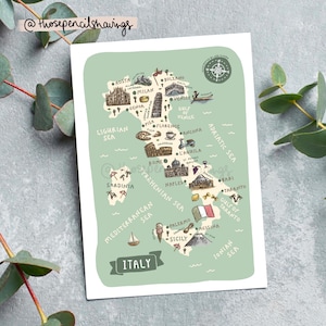 Italy Map Postcard: Illustrated Travel Souvenir, Italian Landmarks
