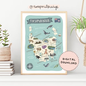 Tasmanien Karte Drucken | Illustrierte Australien Kunst | Niedliche Landschaften & Tiere | Tassie Travel Map Poster | DIGITALER DOWNLOAD