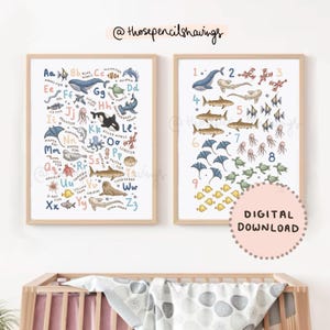 Meerestiere Alphabet & Zählen Poster Set | A - Z und 1 - 10 Sea Life Wall Art | Maritimer Kunstdruck für's Kinderzimmer | DIGITALER DOWNLOAD