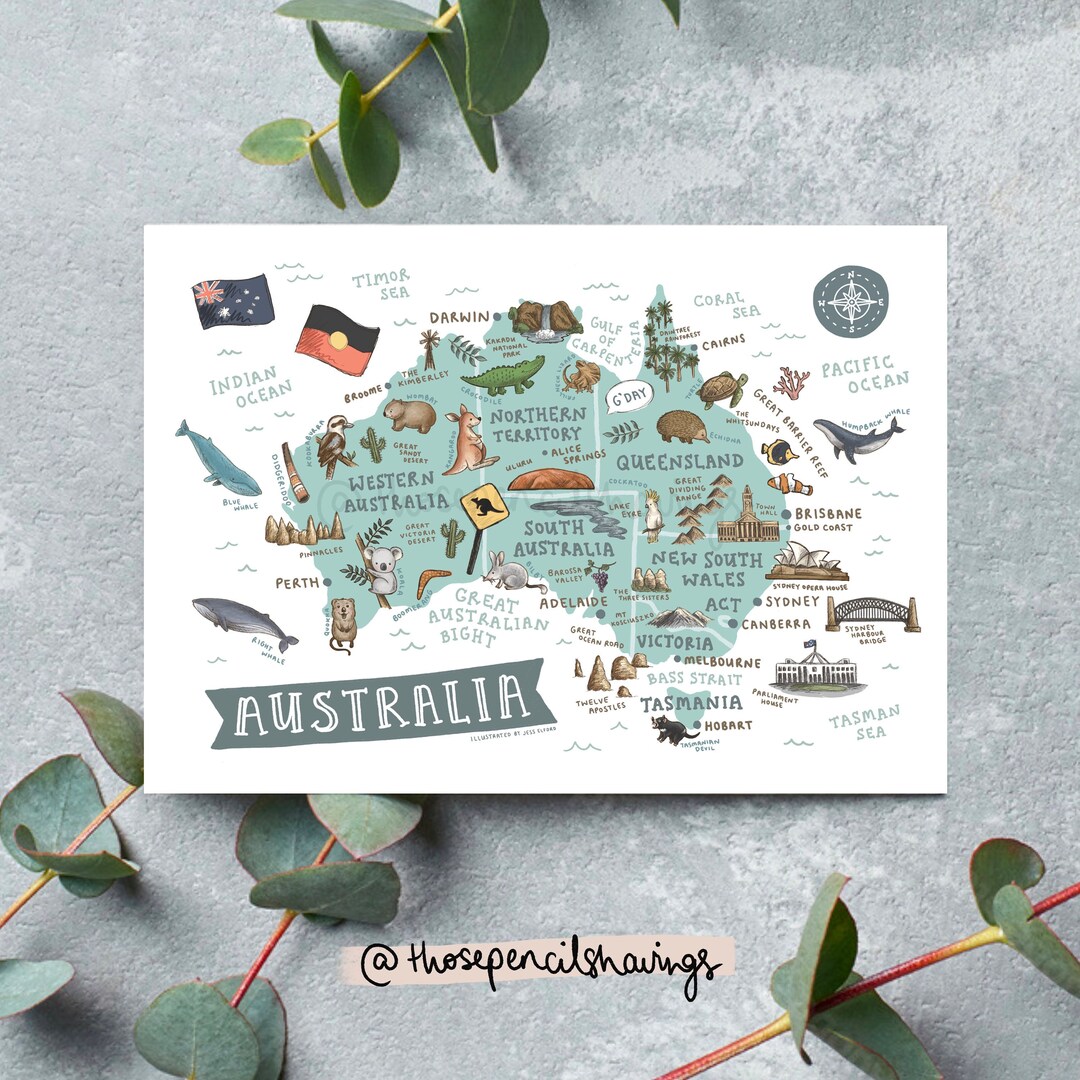 Map of Australia Postcard Cute Illustrated Australia Map Aussie Animals ...