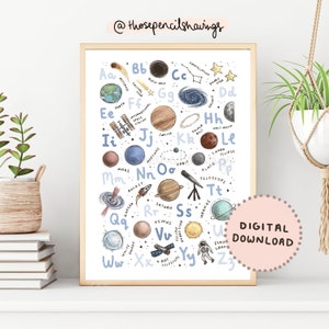 Ruimtealfabet landschapsafdruk | Leuke ABC-poster | A-Z Galaxy-kwekerij | Kinderkamerdecoratie | Babyshower | Wetenschapsklas | DIGITALE DOWNLOAD
