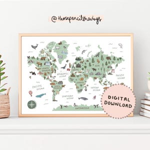 Weltkarte Print | Illustrierte Weltkarte druckbare Kunst fürs Kinderzimmer | Lernposter mit Globus | Reise Karte Poster | DIGITALER DOWNLOAD