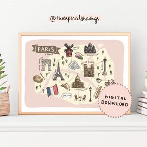 Paris Karte Drucken | Illustrierte Frankreich druckbare Kunst | Niedliche Pariser Wahrzeichen | Reise Karte Poster | DIGITALER DOWNLOAD
