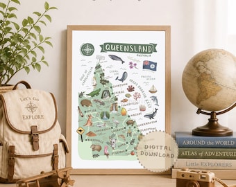 Queensland Map Print: Illustrated Aussie Landmarks & Animals (Digital Download)