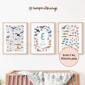 Meerestiere Kinderzimmer Print Set - ABC Poster, Zählprint & Wunschname Kunst | Druckbares Maritimes Kinderwand-Dekor-Trio | DIGITALER DOWNLOAD