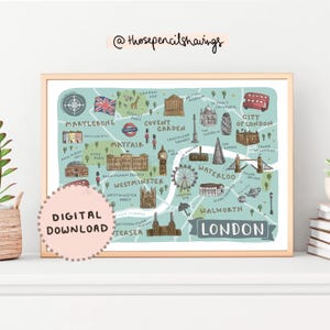 London Karte Drucken | Illustrierte England druckbare Kunst | Nette britische Wahrzeichen | UK Reise Karte Poster | DIGITALER DOWNLOAD