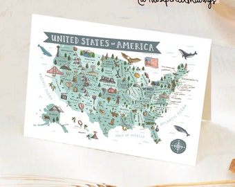 Map of USA Greeting Card | Cute Illustrated United States Map Card | America Landmarks and Animals Travel Print