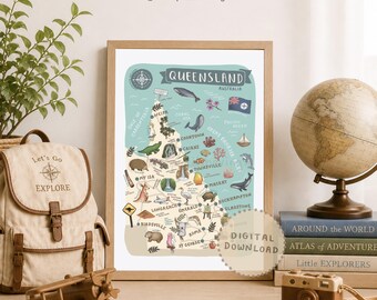 Queensland Map Print: Illustrated Aussie Landmarks & Animals (Digital Download)