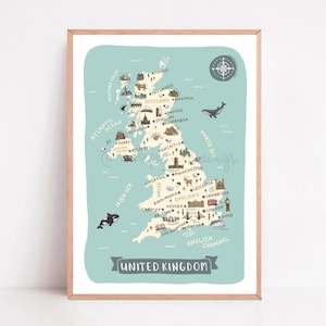 Vereinigtes Königreich Karte Drucken | Illustriertes UK Wandkunst Poster | Niedliche Landschaften & Tiere | Britisches Reisegeschenk
