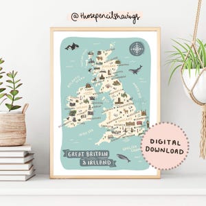 Großbritannien und Irland Karte Drucken | Illustrierte UK druckbare Kunst | Niedliche Landschaften & Tiere | Reise Karte Poster | DIGITALER DOWNLOAD