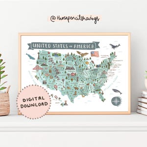 USA Karte Drucken | Illustrierte USA Wandkunst | Niedliche Landschaften & Tiere | Reise Karte Poster | DIGITALER DOWNLOAD