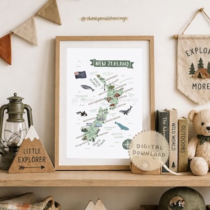 Karta över Nya Zeeland: Illustrerade landmärken och djur i Nya Zeeland (digital nedladdning)