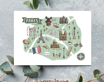 postale de plan de Paris | Impression de voyage illustrée en français | Icônes et monuments mignons | Cadeau ou souvenir Wanderlust