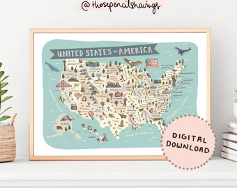 Map of United States of America | Illustrated USA Landmarks Print | America Nursery Bedroom Decor | Travel Map Poster | Digital Download