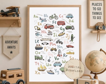 Alfabeto dos Transportes para Imprimir: Arte com Veículos de A a Z para Crianças (Download Digital)